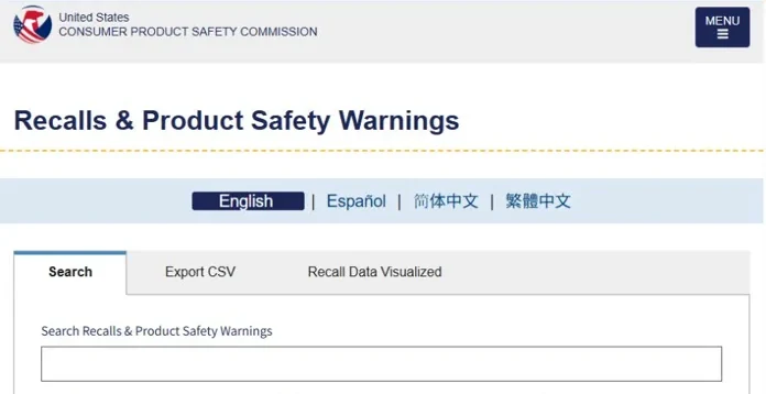 CPSC Recalls and Product Safety Warnings page showing the official recall search field