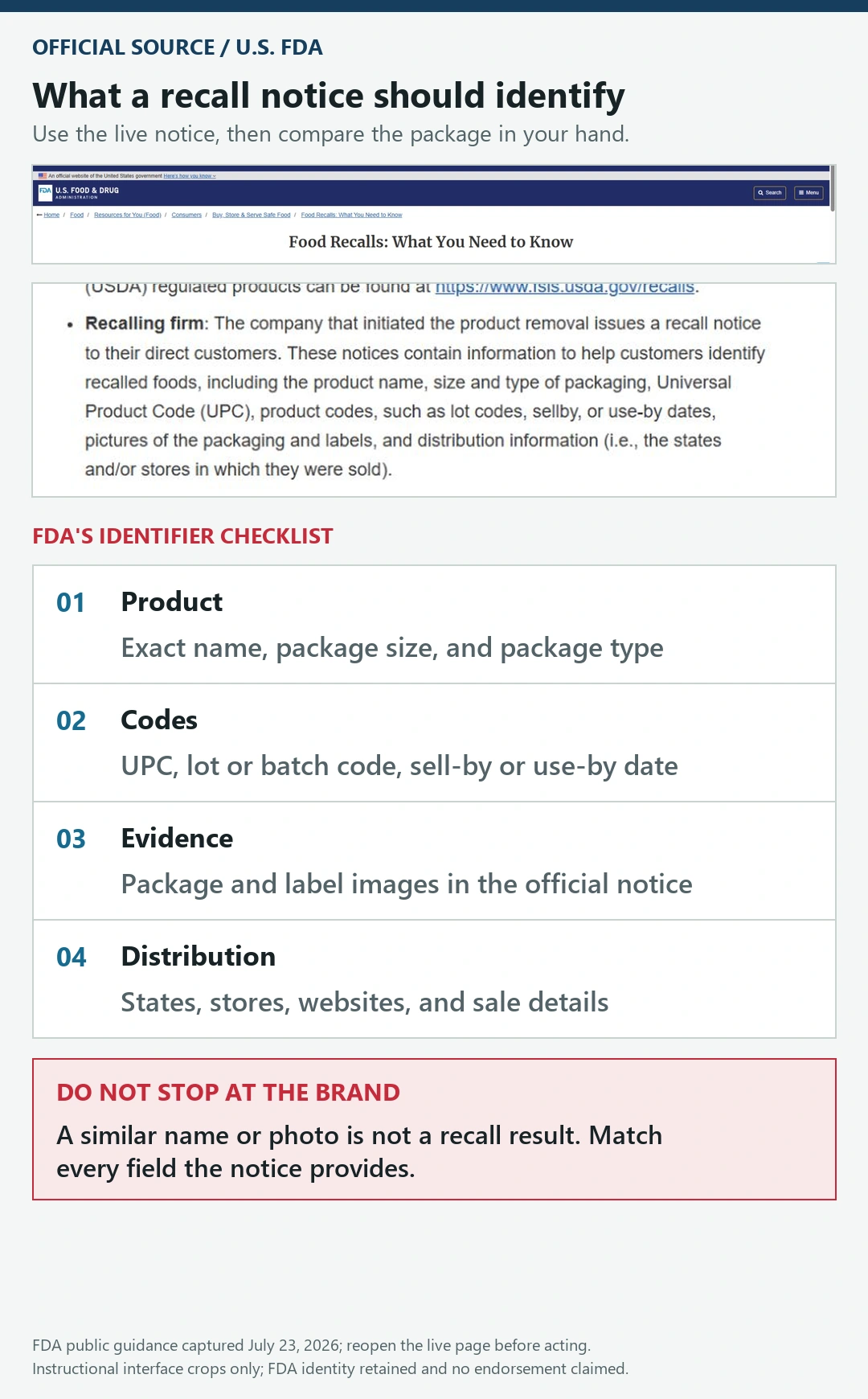FDA food recall guidance showing the package identifiers used to identify recalled food